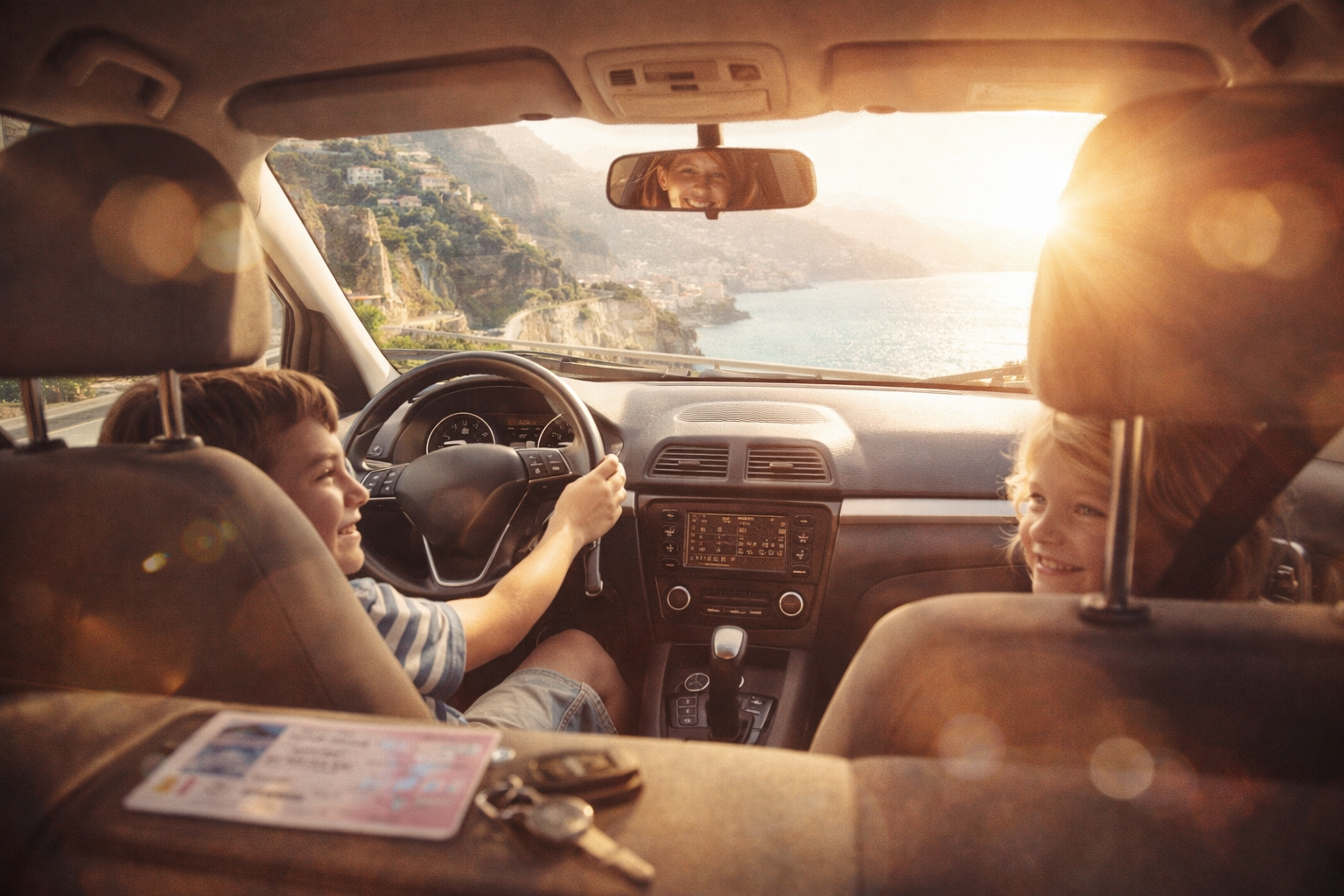 Famiglia in viaggio in auto lungo la costiera italiana
