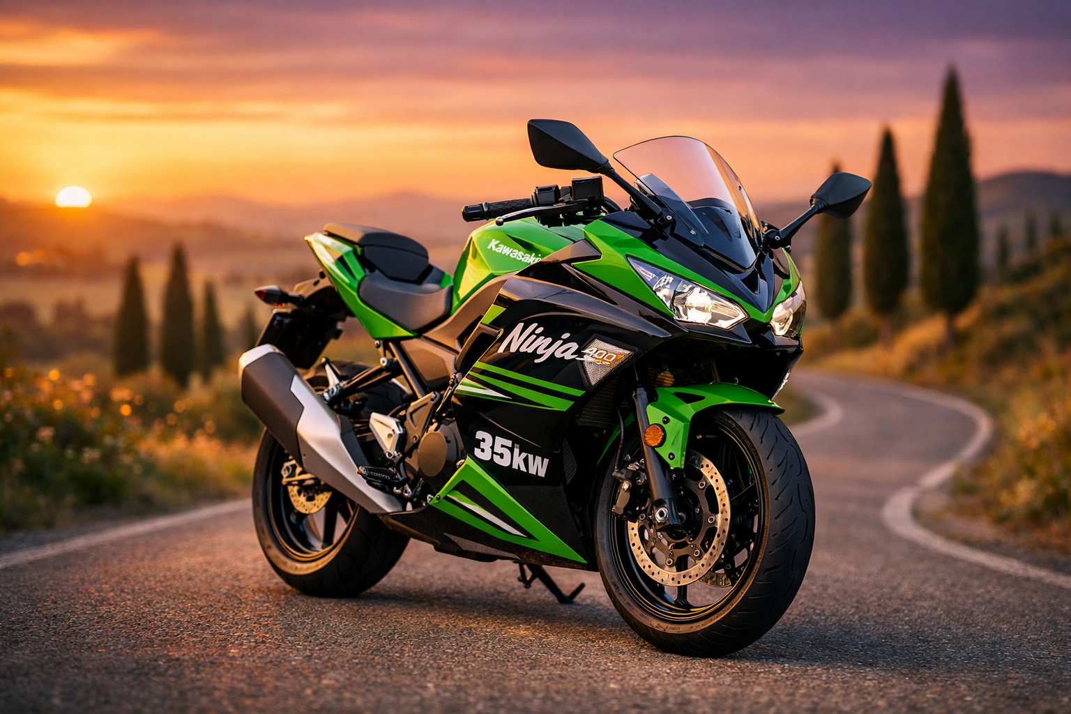 Kawasaki Ninja 35kW su strada toscana al tramonto