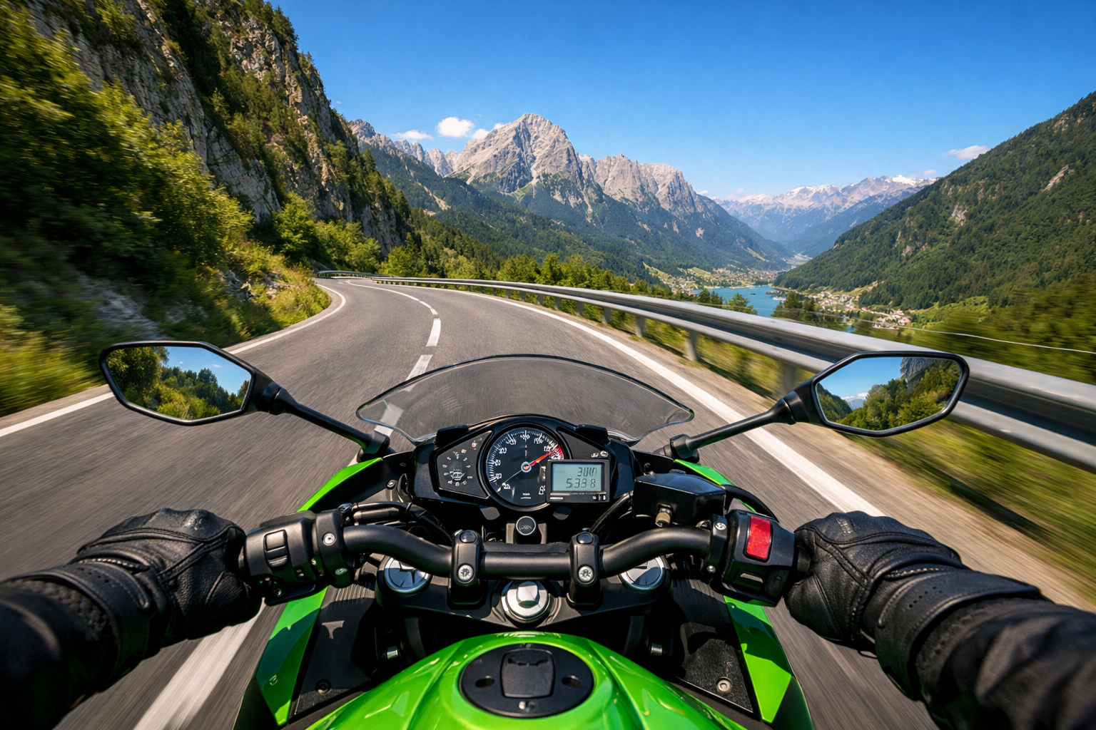 Vista soggettiva dalla moto su una strada alpina italiana