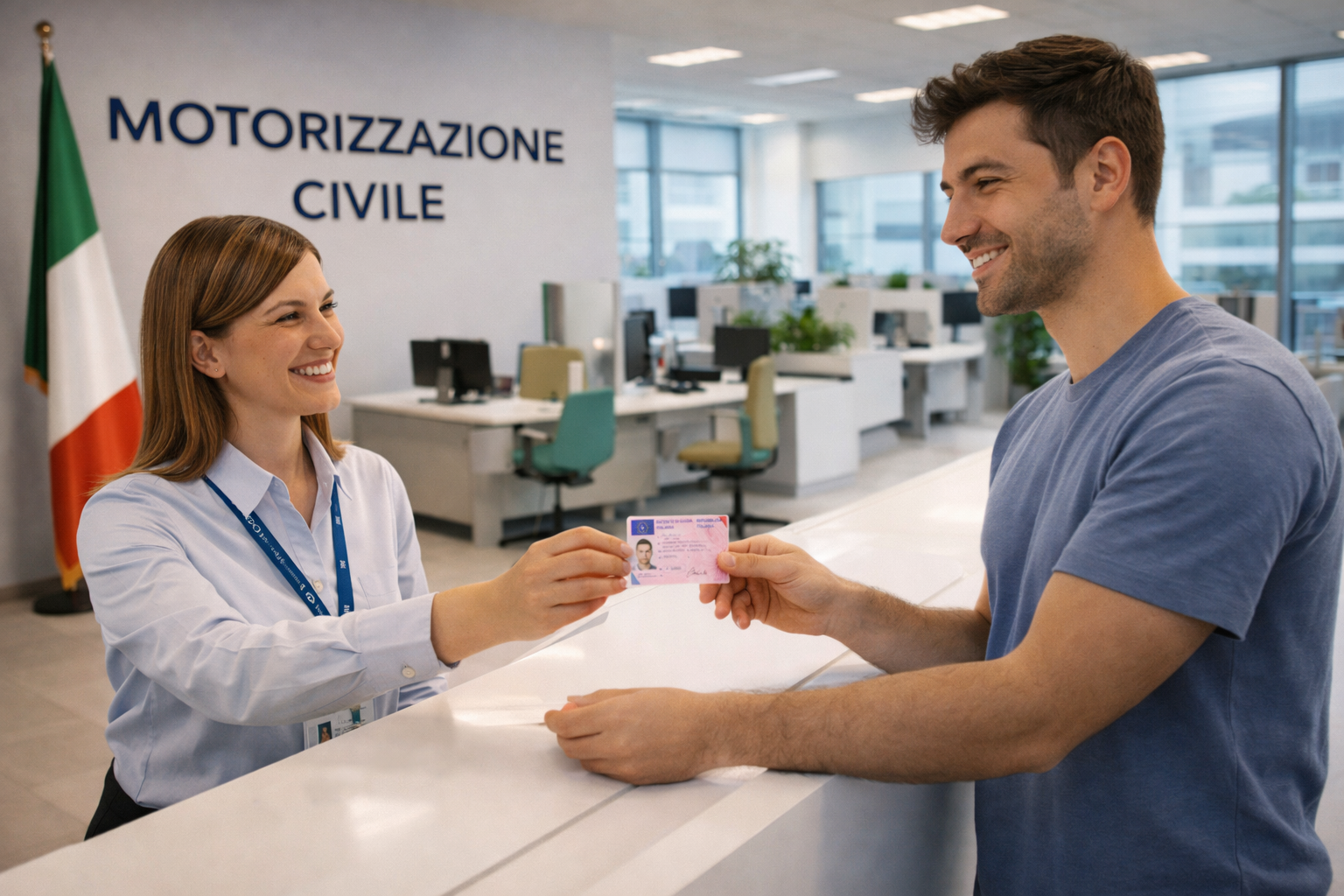 Sportello della Motorizzazione Civile italiana, consegna della patente rinnovata