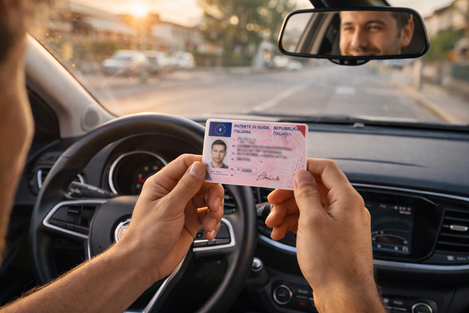 Patente B italiana tenuta in mano all'interno di un'auto