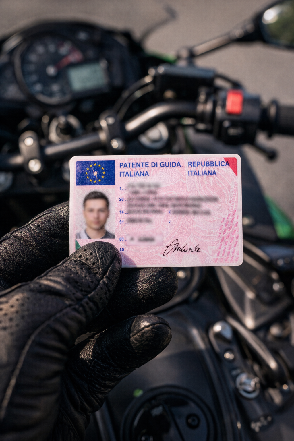 Mano con guanto da moto che tiene la patente di guida italiana