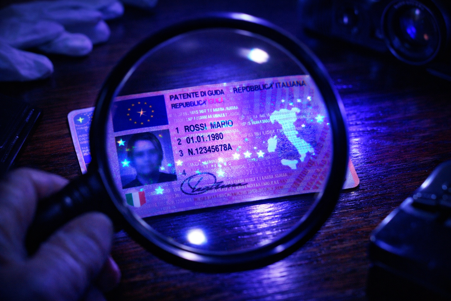 Verifica della patente italiana con lente di ingrandimento a luce UV
