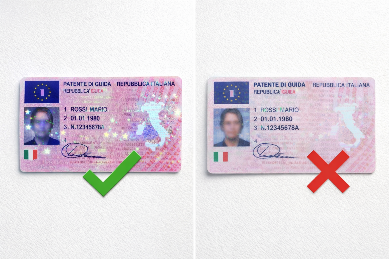 Confronto tra patente valida con segno verde e patente scaduta con segno rosso
